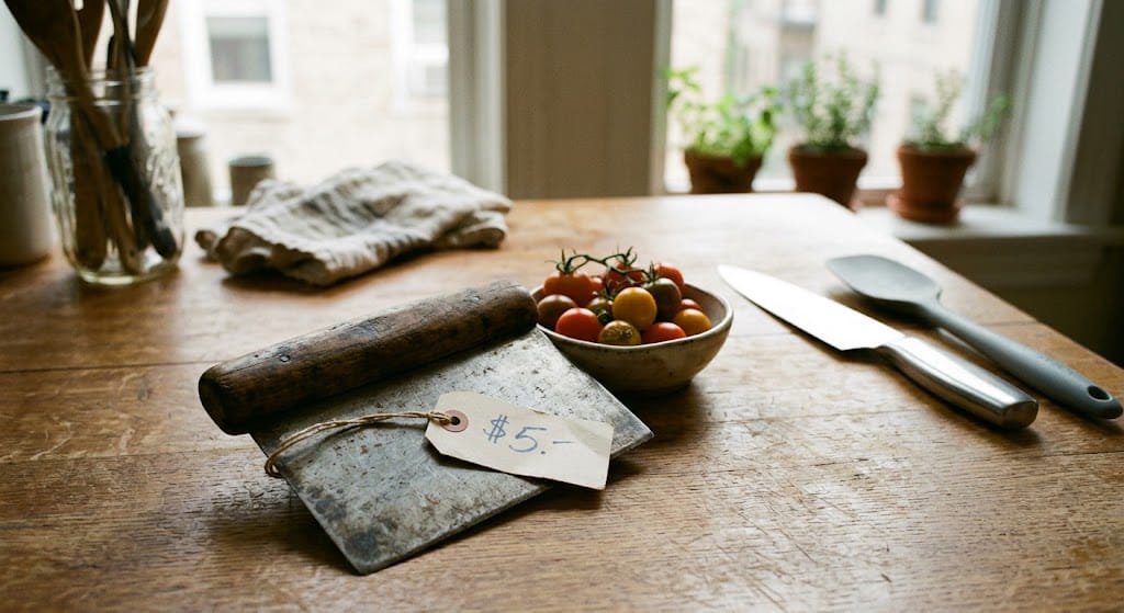 Vintage wooden dough scraper with worn handle and $5 garage sale tag on a flour-dusted board
