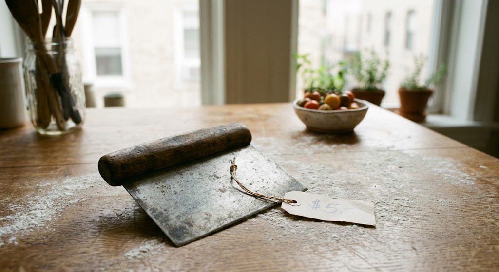 Five vintage kitchen tools worth buying at estate sales laid out on a wooden table