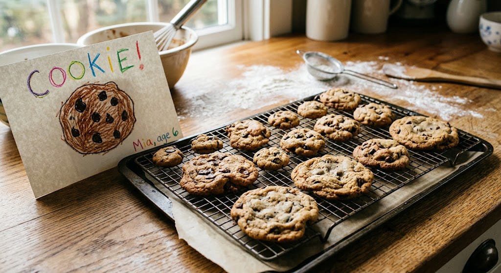 A tray of imperfect homemade cookies — some tiny, some huge — cooling in a real family kitchen