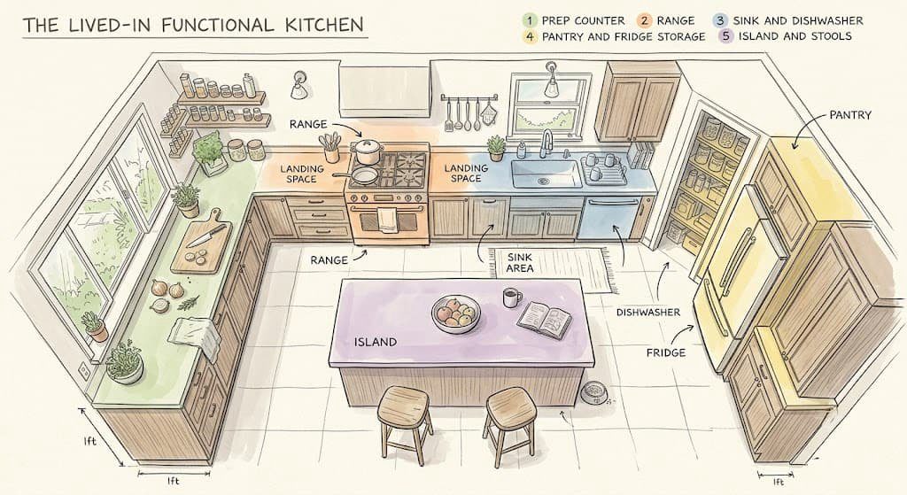 Overhead sketch of a real kitchen organized into five functional zones