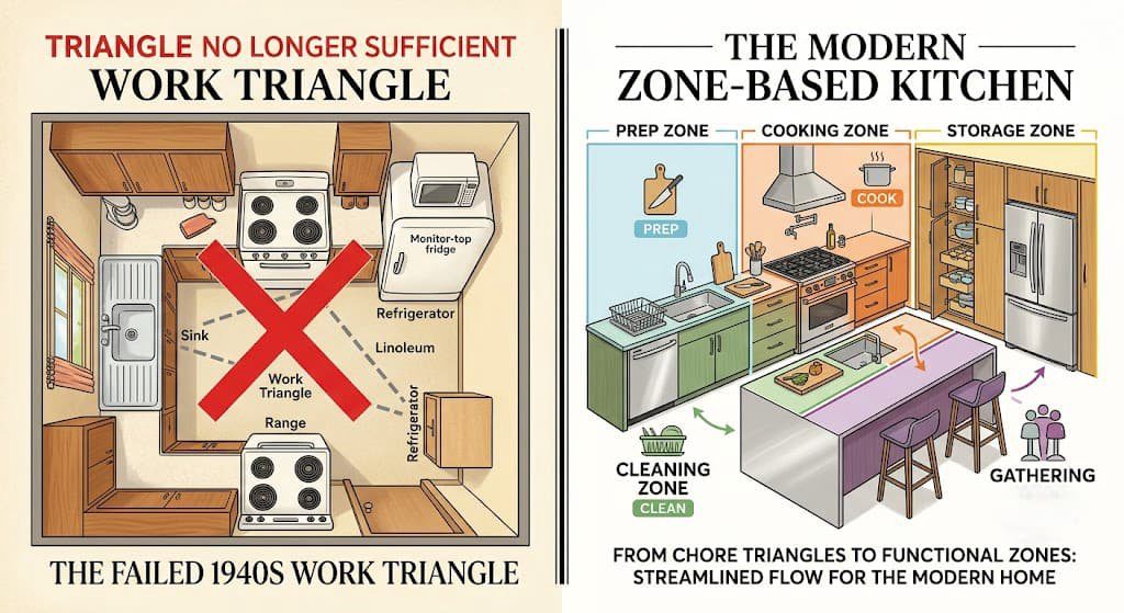 Old work triangle diagram vs. modern five-zone kitchen layout