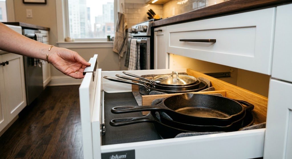 Spend vs. save kitchen remodel items laid out on a kitchen island with handwritten labels