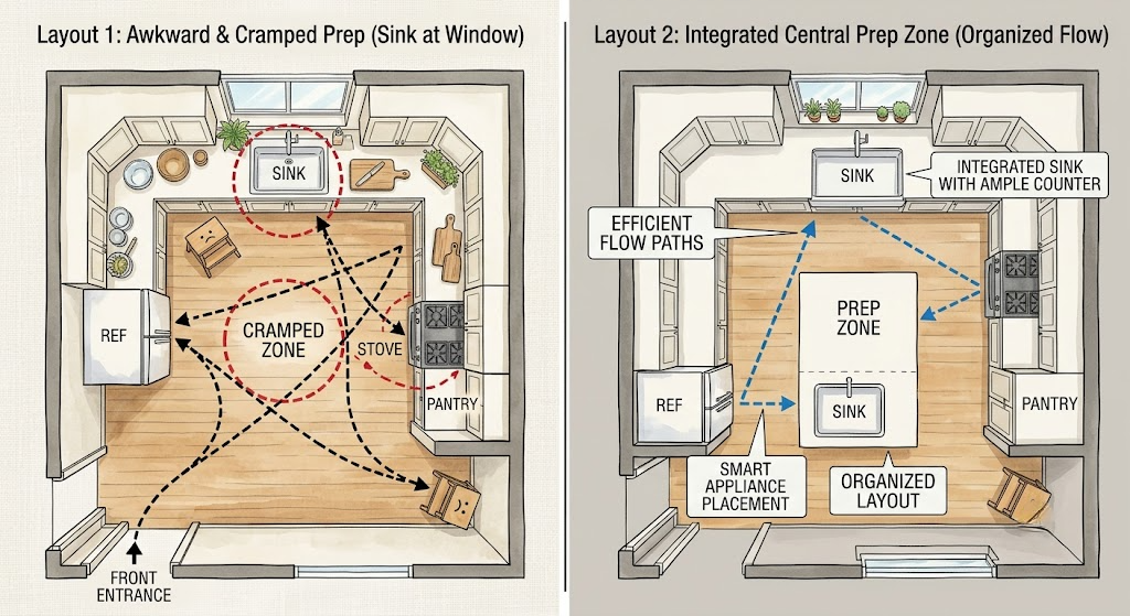 Split floor plan comparison: sink-centered layout vs. cooking-flow-centered layout