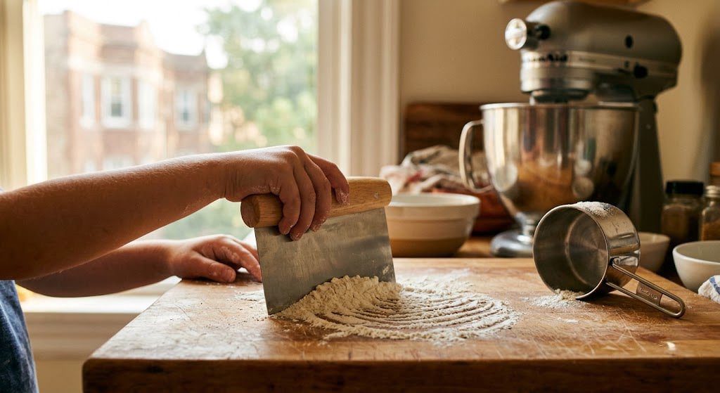 A child's hands using a bench scraper on a flour-dusted wooden cutting board in a real kitchen