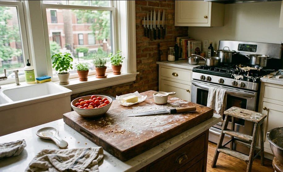 A messy, functional family kitchen with layered lighting and a step stool beside a cabinet
