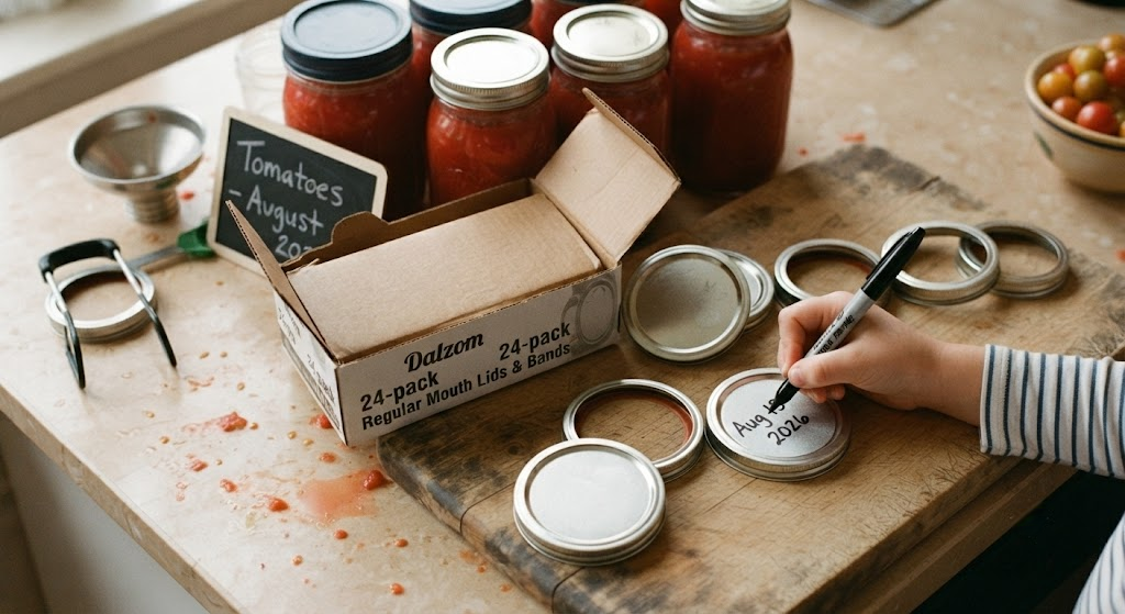 Dalzom 24-Pack Regular Mouth Canning Lids: What's Inside Dalzom canning lids and rings on a wooden cutting board with jars in background
