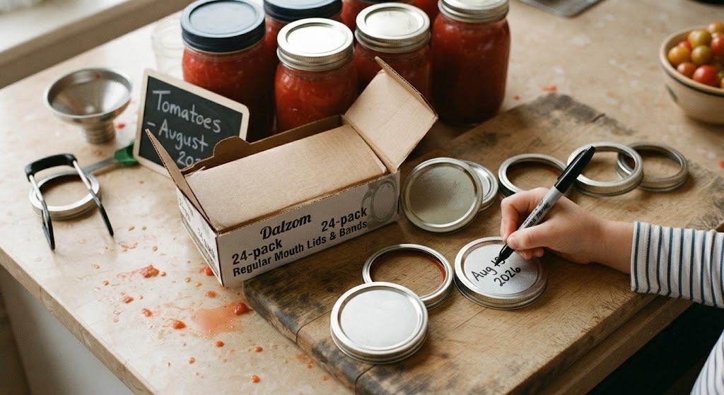 Dalzom canning lids and rings on a wooden cutting board with jars in background