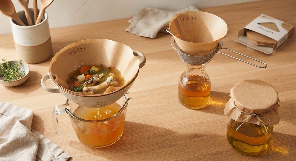 Vekniqo coffee filters used for straining broth, filtering oil, and brewing tea