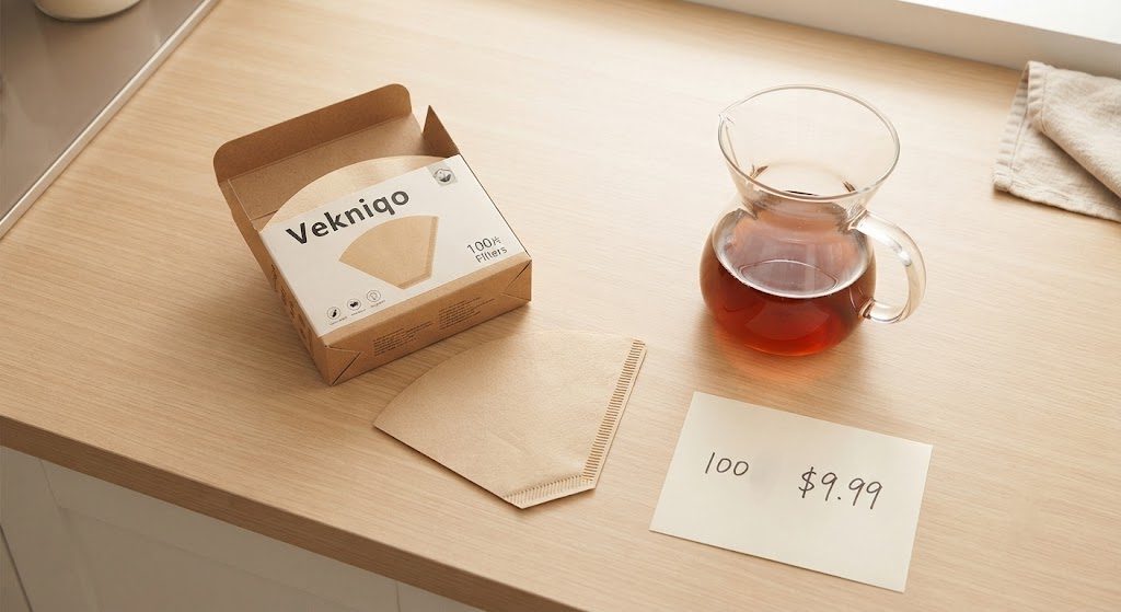 Vekniqo 100-count coffee filter package with a clean cup of black coffee and handwritten price note