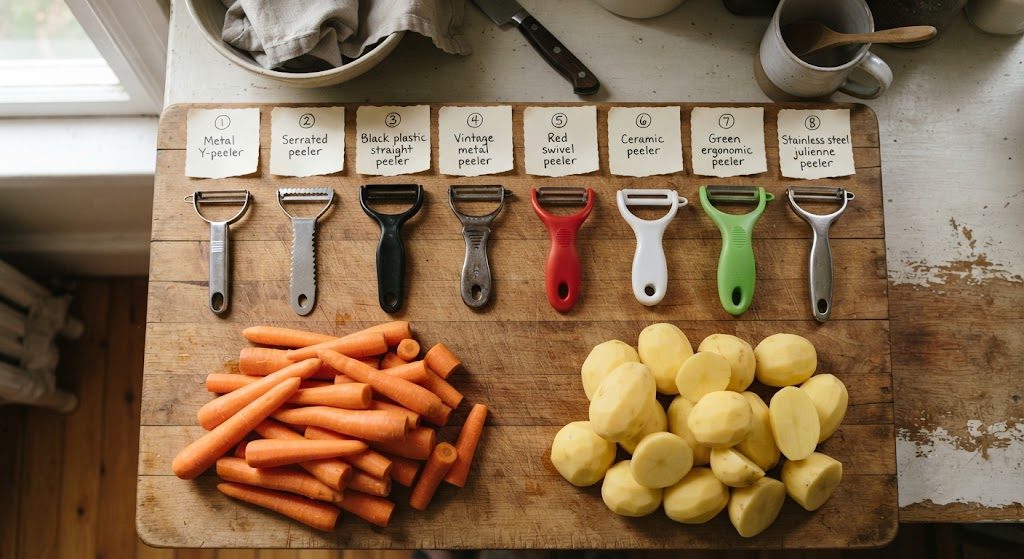 Eight vegetable peelers lined up on a cutting board with peeled vegetables for testing