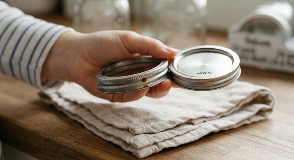 A Dalzom canning ring with a small rust spot held next to a clean ring