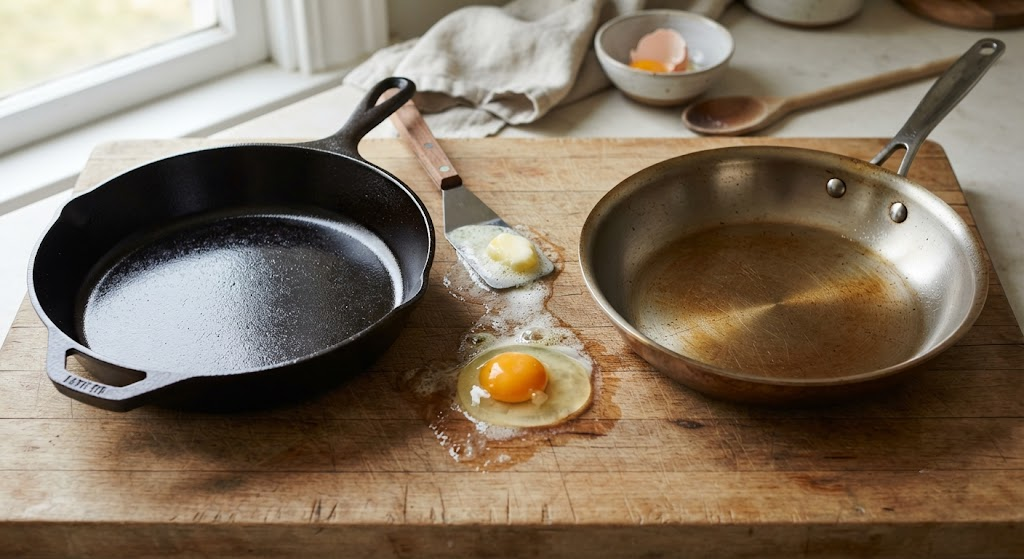 Cast Iron vs. Stainless Steel: The Real Difference Cast iron skillet and stainless steel pan side by side on a wooden board with egg and butter