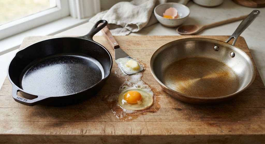 Cast Iron vs. Stainless Steel: The Real Difference Cast iron skillet and stainless steel pan side by side on a wooden board with egg and butter