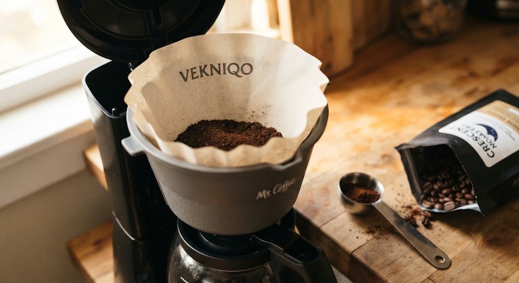 Vekniqo coffee filter standing upright in a Mr. Coffee 5-cup brew basket with fresh grounds
