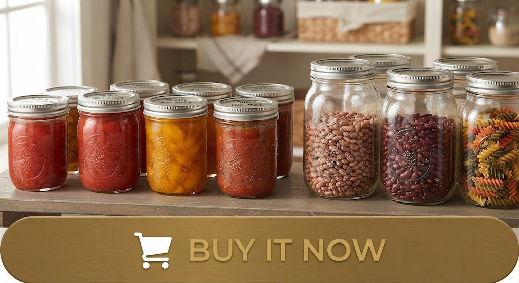 Dalzom Lids in Use: Water Bath Canning and Dry Storage Sealed mason jars with Dalzom lids labeled and stored on a pantry shelf