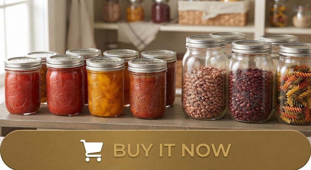 Sealed mason jars with Dalzom lids labeled and stored on a pantry shelf