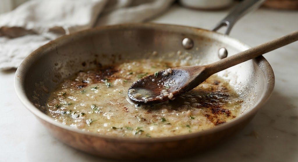 Stainless Steel Handles Acidic Foods Without Complaint Stainless steel pan with lemon butter sauce and wooden spoon