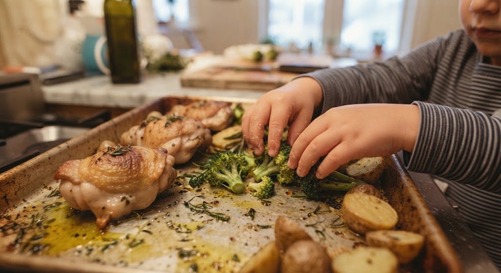 A child's hands arranging broccoli on a sheet pan with chicken and potatoes