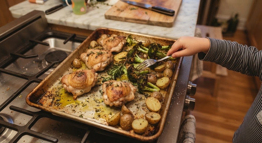 Sheet pan with roasted chicken thighs, broccoli, and potatoes, a fork reaching in