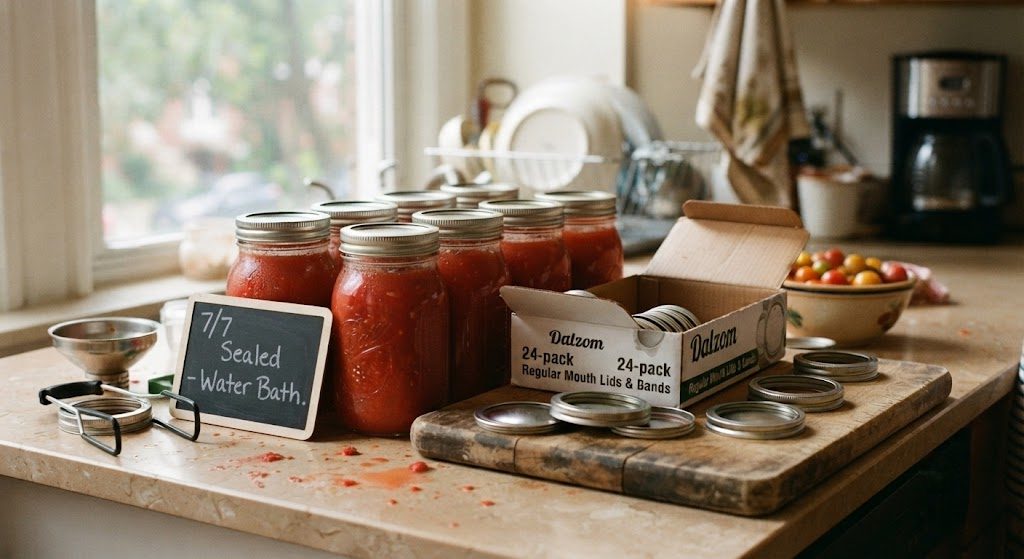 Seven sealed mason jars with Dalzom lids cooling on a kitchen counter after water bath canning