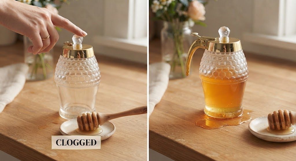 Common Issues with Timtopno Honey Dispenser – Clogging and Leakage Timtopno honey dispenser clogged and leaking issues realistic product problems kitchen
