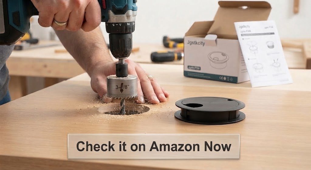 Installing Jgstkcity recessed power grommet drilling 3 inch hole in wooden desk DIY