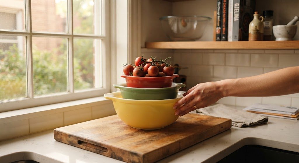 Vintage Pyrex Mixing Bowls Worth Using Every Day Stack of vintage Pyrex mixing bowls in primary colors on a wooden cutting board