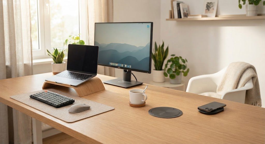 Jgstkcity recessed power grommet flush mounted in modern home office desk with laptop and accessories
