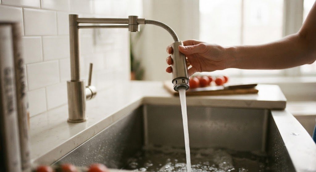 Delta Leland pull-down kitchen faucet with magnetic spray head docking in a real kitchen