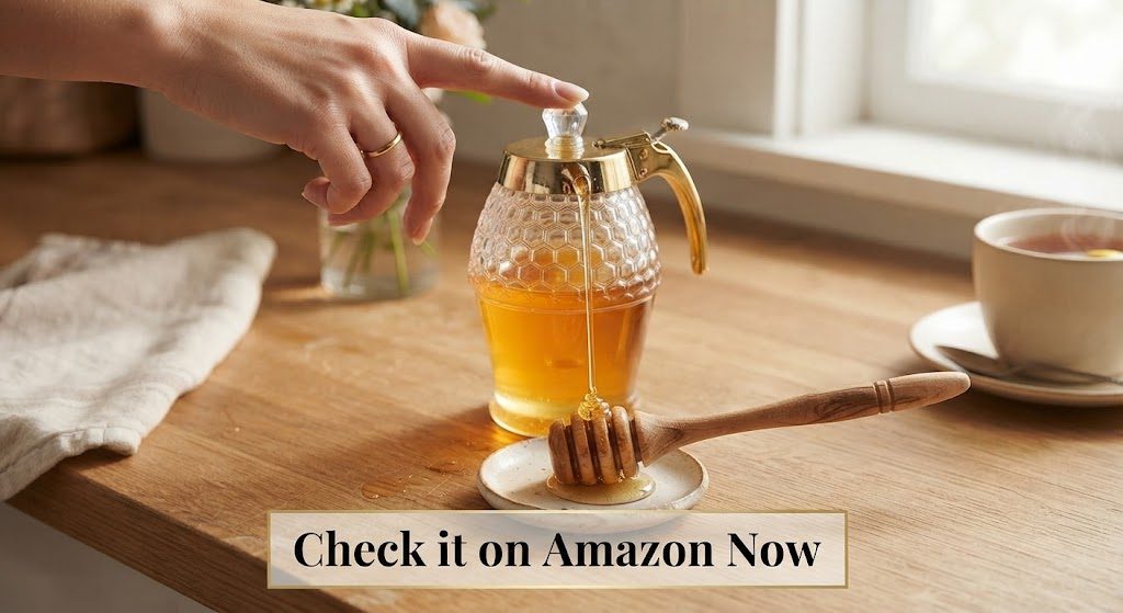 One-Press Honey Dispensing – Timtopno Easy Kitchen Gadget Hand pressing Timtopno honey dispenser button dispensing golden honey into spoon close up kitchen