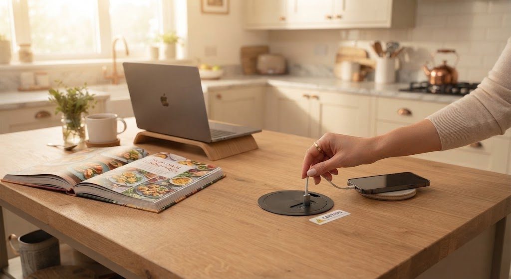Jgstkcity power grommet installed in kitchen island workspace with caution note