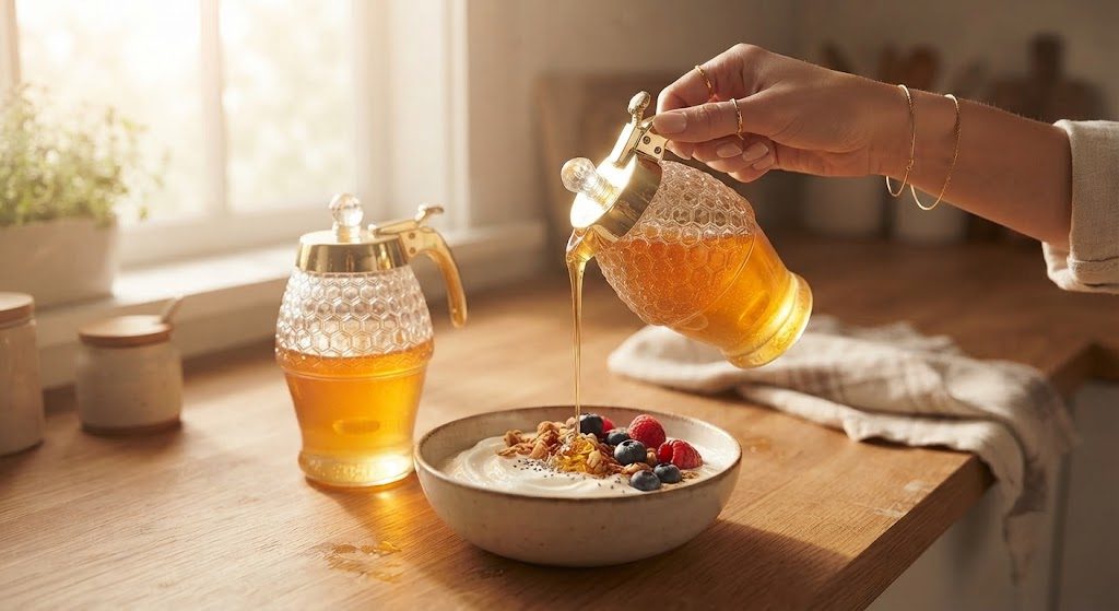 Timtopno Honey Dispenser – Perfect for Your Morning Ritual Woman drizzling honey from Timtopno dispenser over yogurt bowl cozy kitchen lifestyle