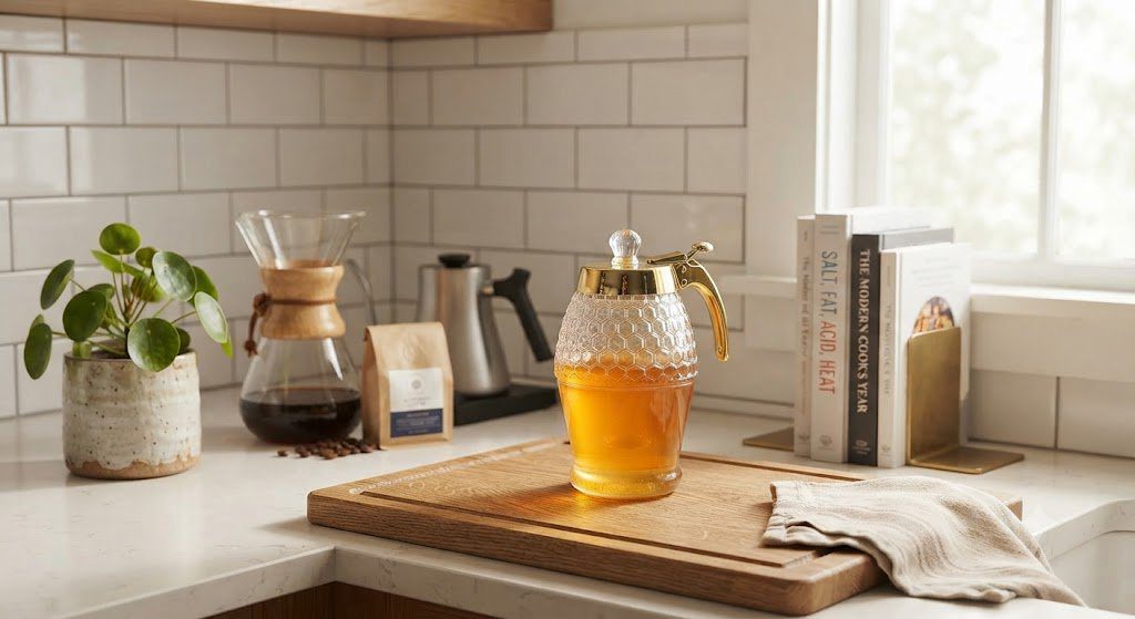 Stylish Kitchen Decor – Timtopno Honey Dispenser as Centerpiece Timtopno honey dispenser on modern kitchen counter with coffee setup plants and cookbooks home decor
