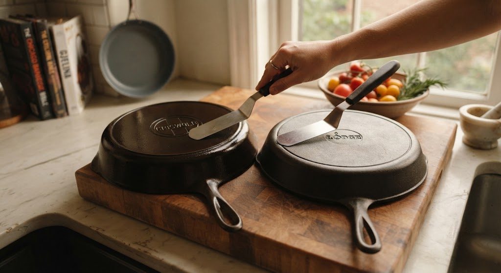 Vintage Griswold cast iron skillet next to a modern Lodge skillet showing surface texture difference