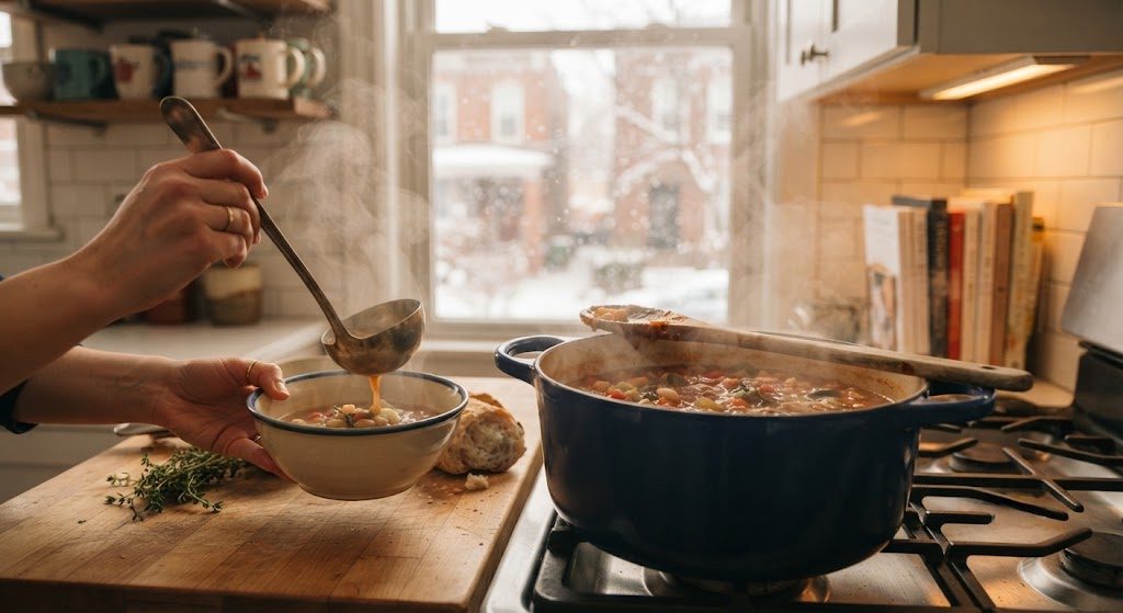 A Dutch oven of soup simmering on the stove with steam rising, snow falling outside the window