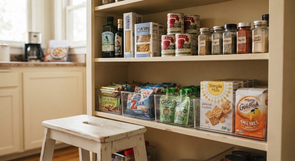 Kid-friendly pantry with clear snack bins on the lower shelf and cooking staples on the upper shelf