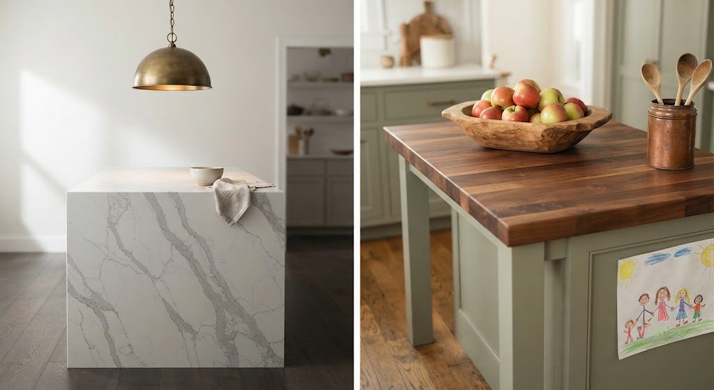 Side-by-side comparison of a waterfall quartz island and a warm butcher block island