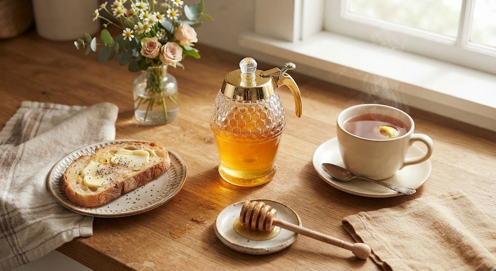 Timtopno Honey Dispenser – Kitchen Decor That Shines in Morning Light Timtopno honeycomb glass honey dispenser on wooden kitchen counter with tea and toast warm morning light