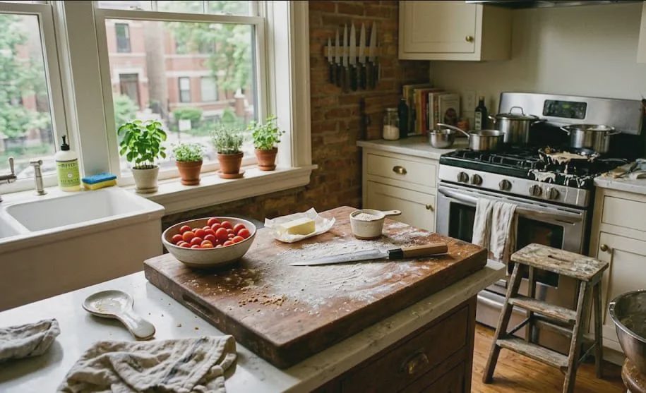 A messy, functional family kitchen with layered lighting and a step stool beside a cabinet
