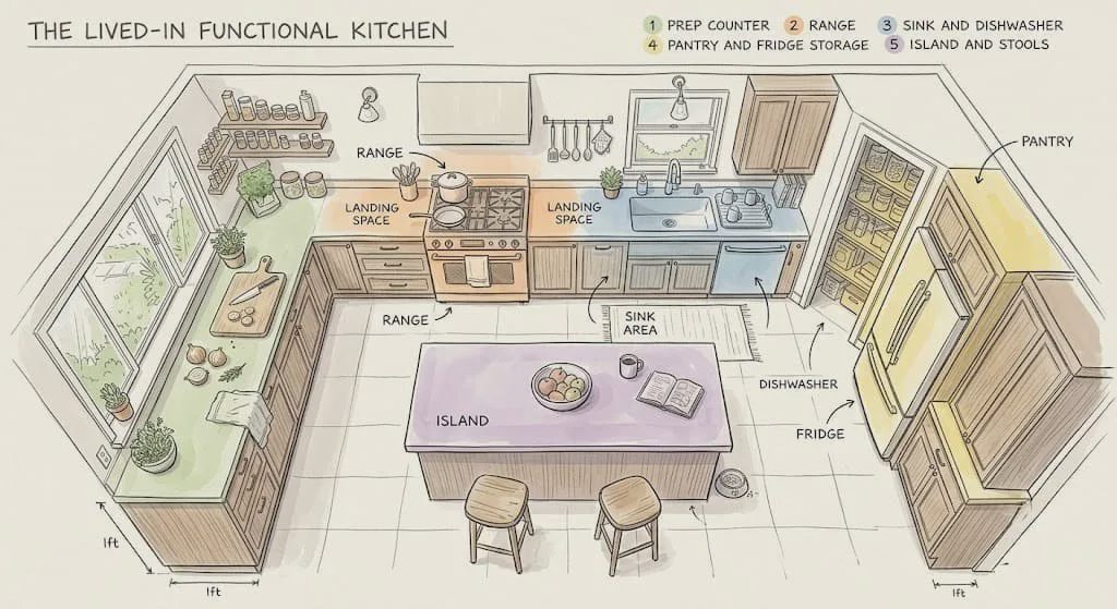 Overhead sketch of a real kitchen organized into five functional zones