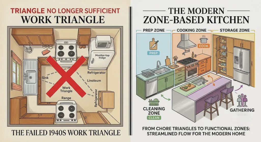 Old work triangle diagram vs. modern five-zone kitchen layout